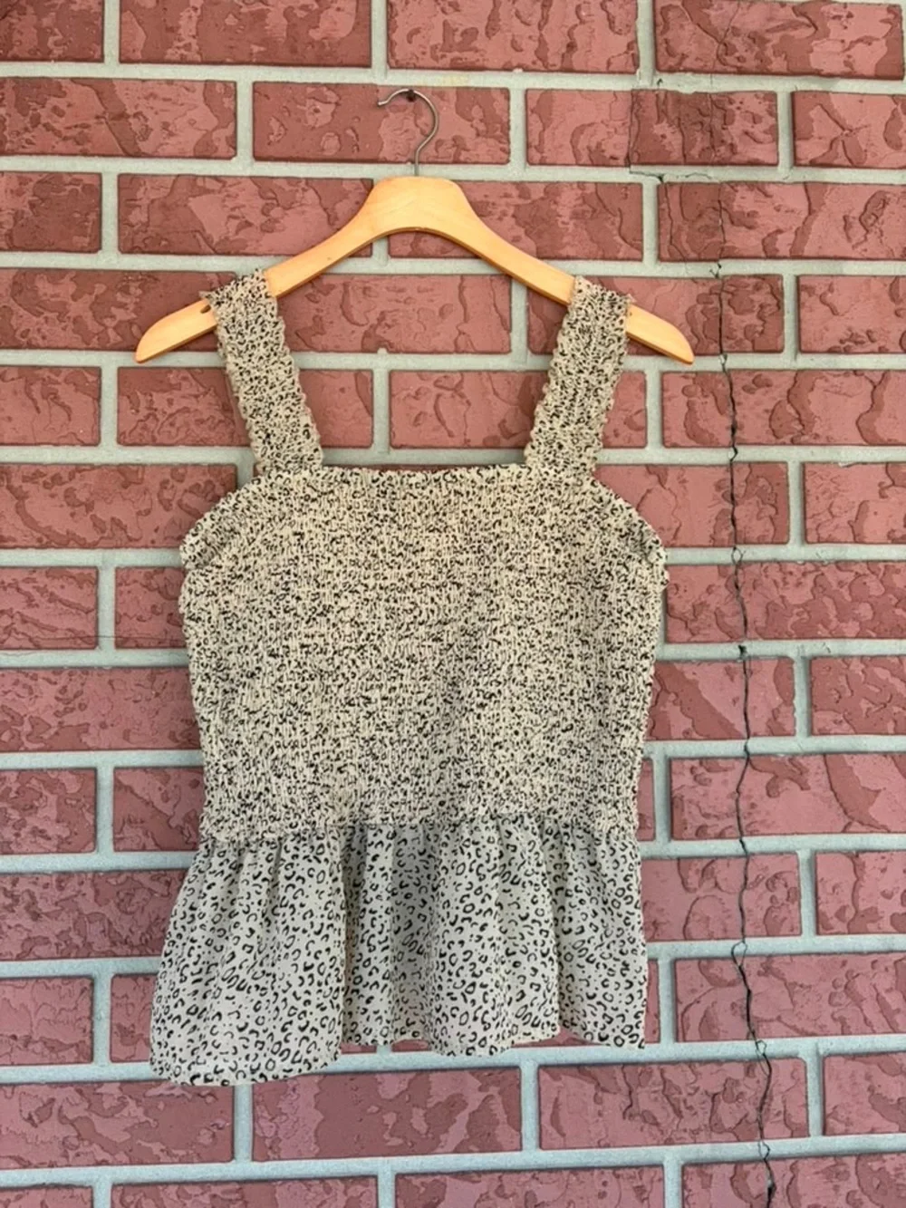 Smocked Leopard Print Peplum Tank Top - Beige